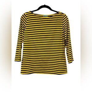 J. McLaughlin Women’s Yellow Navy Blue Striped Catalina Top Shirt 3/4 Sleeves